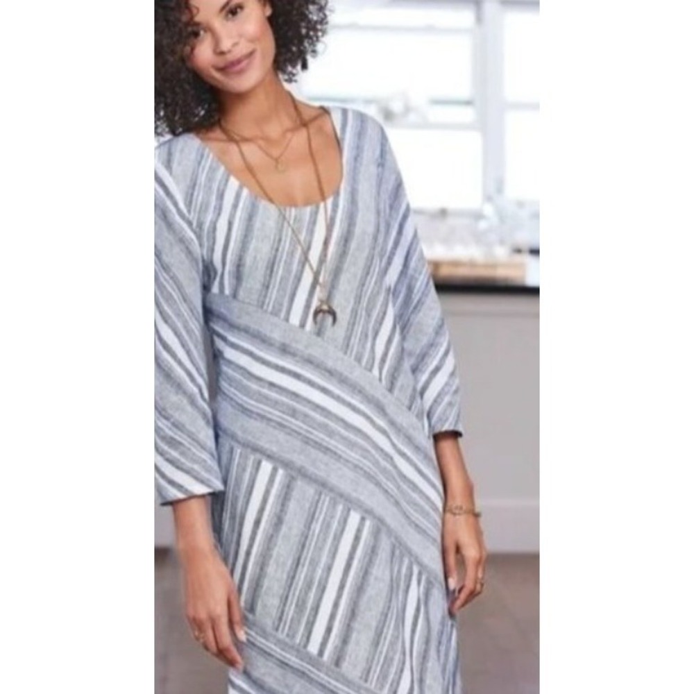 Soft Surroundings Womens Sonya Linen Tunic Dress Linen Blend‎ Blue White